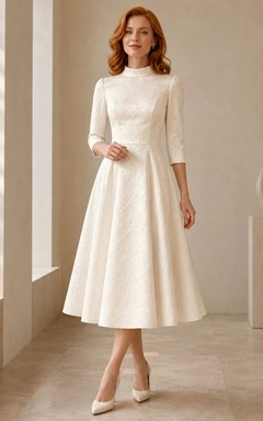 Vestido de té color marfil con cuello alto y mangas tres cuartos de encaje.