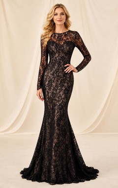Schwarzes, hochgeschlossenes Abendkleid mit Illusionsspitze, langen Ärmeln und Meerjungfrauenschnitt