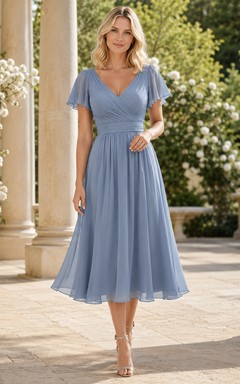 Modest Sky Blue Flutter Sleeve Pleated Chiffon A-Line Tea-Length Guest Dress