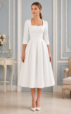 Weißes, schlichtes, teelanges A-Linien-Kleid mit eckigem Ausschnitt und Dreiviertelärmeln
