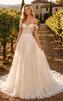 Vestido de novia de encaje campestre, corte en A, hombros descubiertos, cola larga, espalda baja en V.