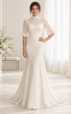 Vestido de novia romántico de manga corta, cuello alto, estilo sirena, encaje floral y algodón, largo hasta el suelo.