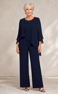 Dark Navy Mother Pantsuit with Asymmetric Chiffon Overlay and Wide Leg Pants