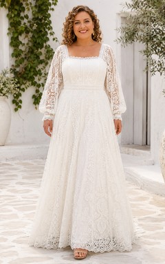 Plus Size Square Neck Long Sleeve Lace A-Line Wedding Dress