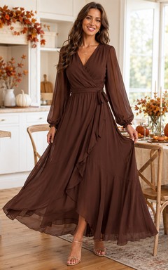 Robe midi portefeuille en mousseline marron chocolat à manches longues
