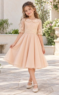 Blush Lace Collar Elbow Sleeve Chiffon Flower Girl Dress