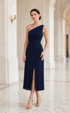 City Hall Cocktail Dark Navy Elegant Modern Sexy Pencil Satin Bridesmaid Dress with One-Shoulder Sleeveless Knee-Length Slit Skirt Open Back
