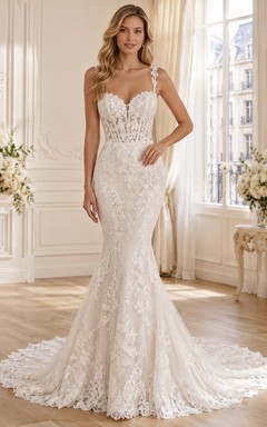 Robe de mariée sirène sans manches en dentelle royale, bretelles cœur et traîne chapelle, ornée d'appliqués floraux, style jardin.