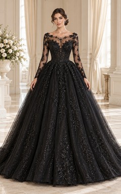 Black Long Sleeve Bateau Sparkling Floral Ball Gown Wedding Dress