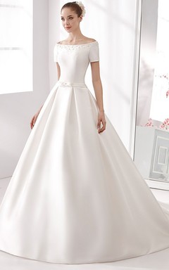 Off-Shoulder A-Line Satin Wedding Dress With Beaded Details And Little Bow Sash