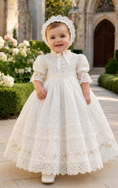 Vintage Baby Baptism Christening Ceremony Dress A-Line Tea-Length High Neck Puff Sleeve Tulle Lace Ruffle Trim Button Back