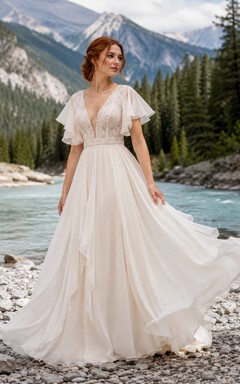 Vestido de novia de montaña con mangas de pétalo, escote en V profundo, encaje y gasa, corte en A y cola larga.