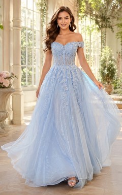 Luxury Sky Blue Off-Shoulder Beaded Lace Tulle Ball Gown Sweep Train Prom Dress