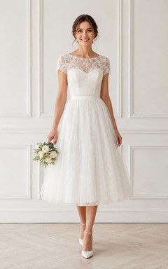 Ivory Lace Illusion Cap Sleeve Tulle Tea-length Wedding Dress