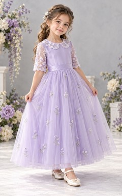 Lavender Floral Collar Elbow Lace Sleeve Flower Girl Dress