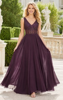 Plum V-Neck Sleeveless Chiffon A-Line Floor-length Sweep Romantic Bridesmaid Gown