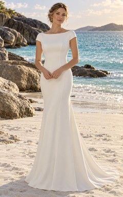 Robe de mariée sirène à manches bateau et traîne simple