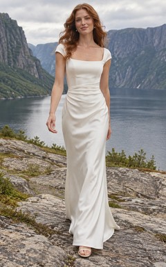 Square-Neck Short-Sleeve Charmeuse Wedding Dress with Back Vent and Sheath Skirt
