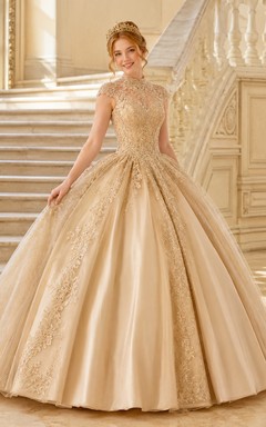 Champagne Quinceanera Tulle High-Neck Cap-Sleeve Ball Gown Dress