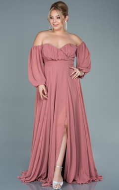 Off-the-shoulder Sweetheart Empire Plus Size Chiffon Front Split Evening Dress