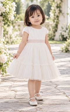 Modest Ivory Knee Length Pink Waist Cap Sleeve Flared Ruffle Tulle Flower Girl Dress