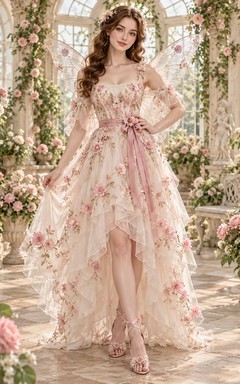 Robe de fée asymétrique à fleurs rose poudré, décolleté cœur, manches papillon superposées