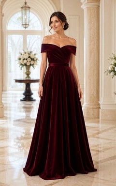 Off-Shoulder Burgundy Draped Satin A-Line Floor-Length Simple Modest Formal Gown