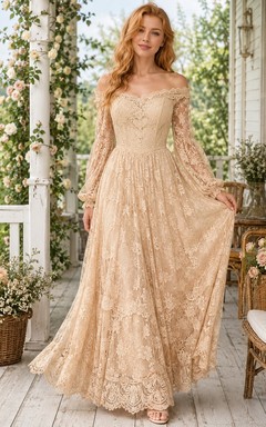 Vestido de novia vintage bohemio color champán con encaje, hombros descubiertos y manga larga