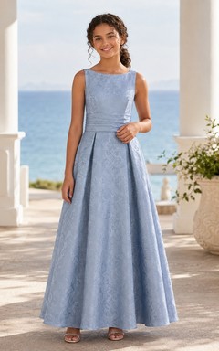 Vestido de dama de honor juvenil azul pizarra, corte en A, sin mangas, jacquard vintage