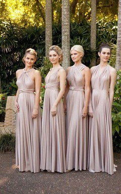Chiffon Convertible Champagne Bridesmaid Dresses Ruffles Sleeveless Prom Gowns