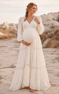 Long Poet Sleeve Boho Maternity Wedding Dress V-Neck Tiered Bridal Gown
