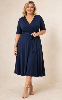 Robe d'invitée grande taille, coupe trapèze, col V, manches courtes, jersey bleu marine foncé