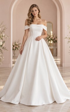 Simple Off Shoulder Folded Satin A-Line Bridal Wedding Dress