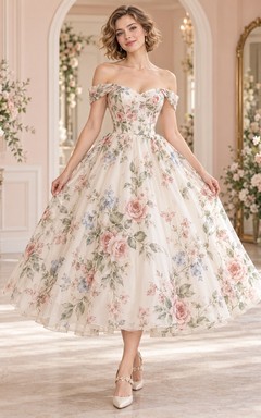 Tea-length Off Shoulder Floral Rose Print Satin A-line Wedding Dress