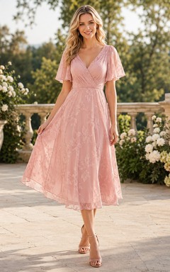 Blush V Neck Lace Flutter Sleeve Guest Dress