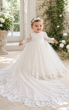Vestido de lujo para ceremonia de bautizo/bautizo, corte A, largo hasta el suelo, cola de capilla, cuello joya, manga larga, tul, encaje, espalda abotonada.