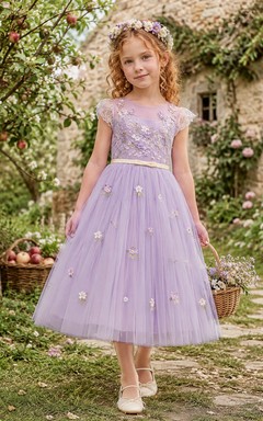 A-Line Flowergirl Lavender Tulle Floor-Length Floral Applique Cap Sleeve Cottagecore Wedding Dress