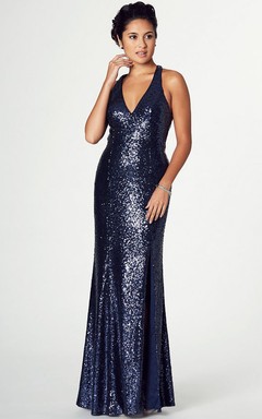 Sleeveless V-Neck Sequin Prom Dress With Straps