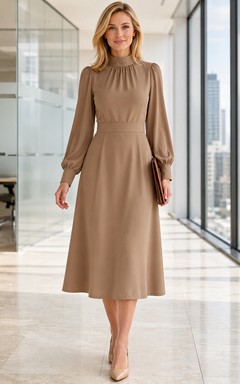 Robe de travail modeste, blouson taupe à manches longues et col montant, coupe trapèze
