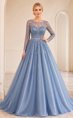 Regal Steel-Blue Bateau Illusion Long-Sleeve Lace Satin Ball-Gown Floor-Length Zipper Formal Evening Dress