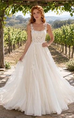 Robe de mariée à bretelles spaghetti, corsage en dentelle et tulle, style champêtre