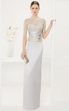 Bateau Short Sleeve Sheath Satin Long Dress With Lace Top And Flower