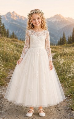 A-Line Flowergirl Lace Tulle Floor-Length Long Sleeve Mountain Wedding Dress
