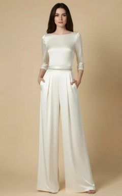 Combinaison de mariage ivoire à manches longues et col bateau, taille haute brillante et jambes larges