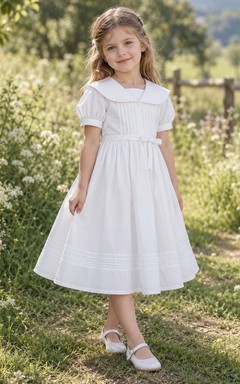 Weißes Baumwollkleid mit quadratischem Ausschnitt, wadenlang, Matrosenärmeln und Puffärmeln, Blumenmädchenkleid