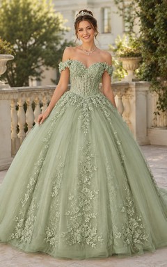 Salbeigrünes, schulterfreies, kurzärmeliges Tüll-Ballkleid, bodenlang, mit Blumenmuster, Quinceañera-Kleid