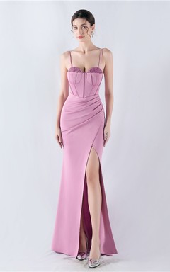 Fishbone Waist Set Crystal Diamond Satin Host Evening Dress