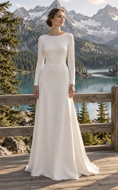 Langärmeliges Brautkleid mit U-Boot-Ausschnitt aus Crêpe de Chine in Etui-Silhouette