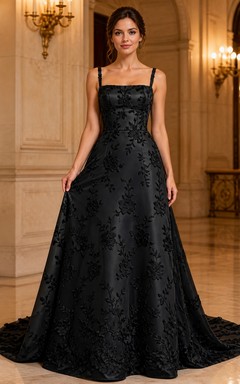 Black Simple A-Line Square Neck Satin Court Train Formal Gown