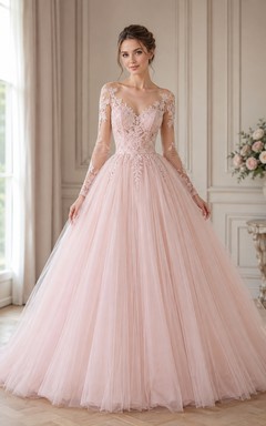 Blushing Pink Long Sleeve Lace Tulle Sweep Train Prom Gown